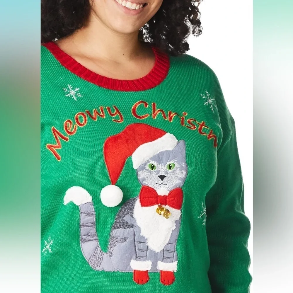 Meowy Christmas Kitty with Bells Ugly Christmas Sweater Sz XL